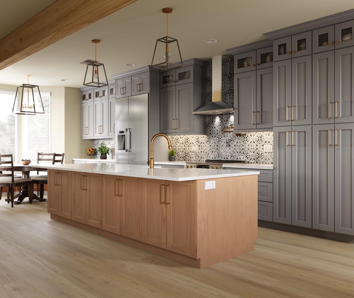 Slate grey cabinets paired with natural wood island