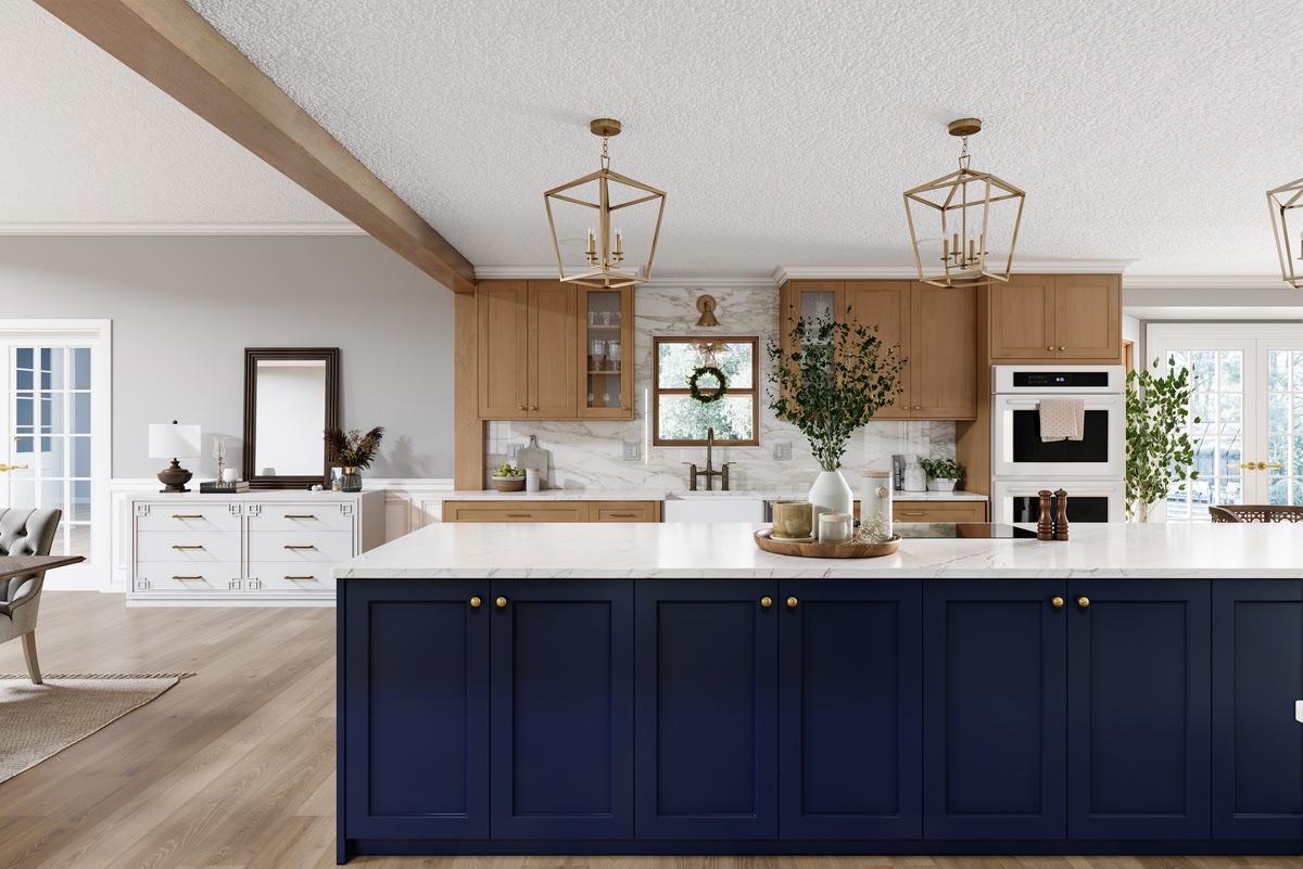 Bold navy blue island with warm natural wood uppers